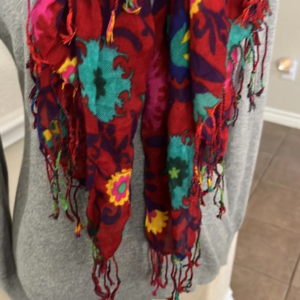 Red floral with fringe scarf